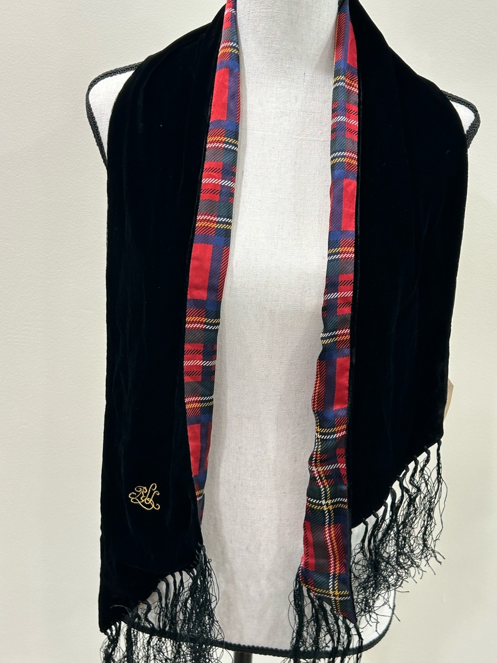 Lauren Ralph Lauren Scarf Womens One Size Red Plaid Velvet Fringe Wrap Shawl